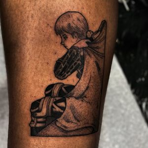 Get a fierce and thrilling anime tattoo inspired by Attack on Titan, skillfully done by Barbara Nobody.