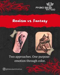 Realistic color mirrors what the eye already knows: light, depth, and the truth of the skin.Fantasy color does the opposite: it bends reality, exaggerates emotion, and paints what only imagination can explain.Different paths, same goal: making you feel something the moment you look at it.Because in tattooing, color isn’t just pigment… it’s storytelling.