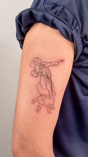 Get a beautiful illustrative tattoo of a dancing couple in fine line style by artist Alex Caldeira.