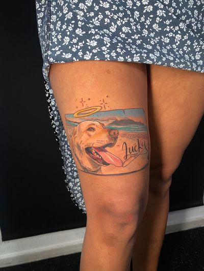 Capture the love for your pet with an illustrative tattoo by Marie Terry, commemorating happy beach memories.