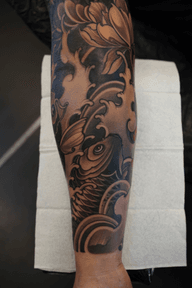 Koi Fish with Wave and Flowers