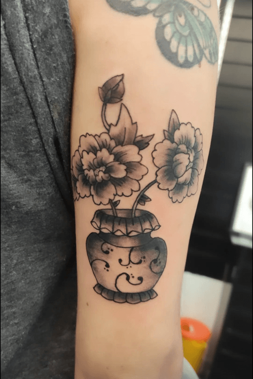 Black and Grey Floral Vase Tattoo