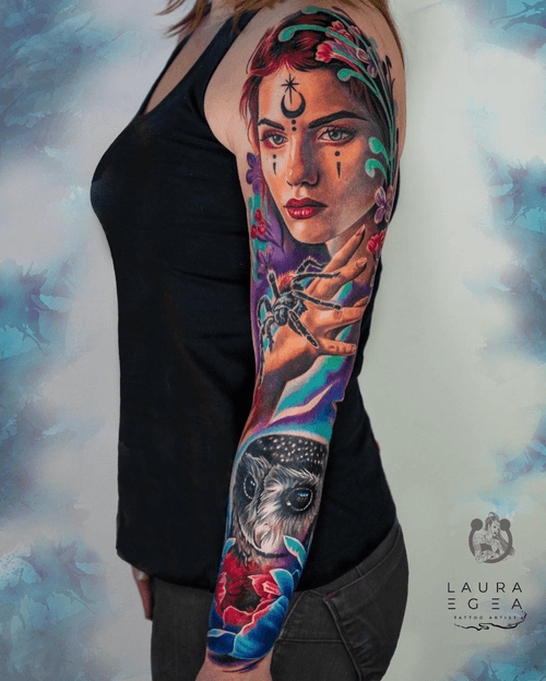 Woman and Owl Sleeve Tattoo