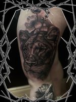 Black and grey lioness for the leg sleeve — calm, powerful, and sharp in every detail. This sleeve is levelling up fast.” #BlackAndGreyTattoo #RealismTattoo #LegSleeve #LionessTattoo #TattooArtist #InkedUp #TattooWork #TattooCollector #UKTattooer #TattooStudio Done with @barber_dts @unistar_talk @allegoryink @kwadron @bishoprotary