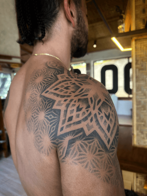 Geometric Dotwork Shoulder Tattoo