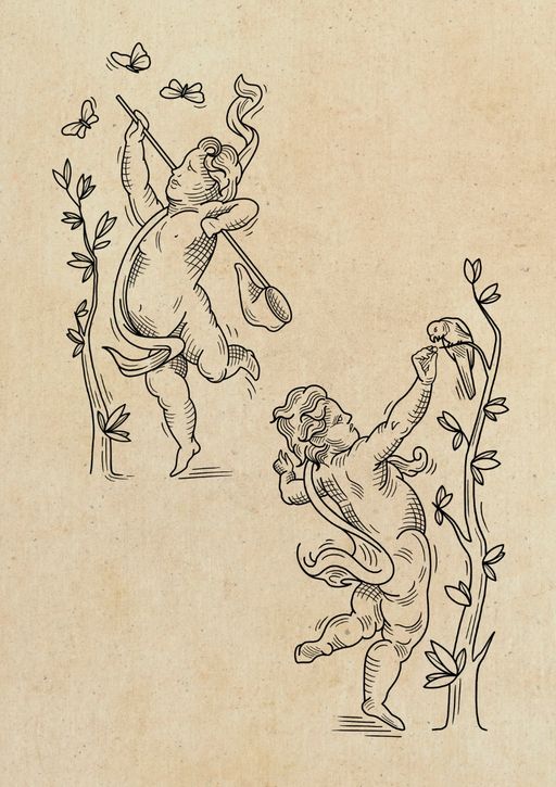 Matching cherub/putto flash. Designed to stay together - matching on back of arms, thighs or calves. In a woodcut and engraving informed linework style.