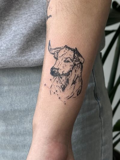 Fine-line Taurus constellation piece on the forearm, done in black ink. Done at B36 Tattoo on Melrose Ave. In Los Angeles!