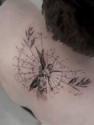Fine line black and gray tattoo of an angel holding a sky chart vine, inspired by classical statues. By Saka Tattoo.