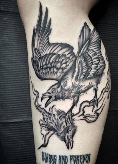 A stunning tattoo featuring a crow perched on a tree branch, expertly tattooed by Amandine Canata.