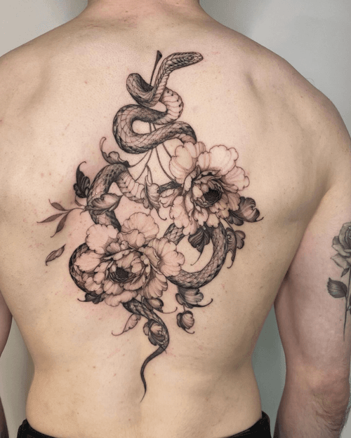 Snake and Peonies Tattoo