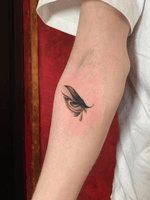 Black & grey fineline micro realism Eye of Lucifer The Fallen Angel on forearm