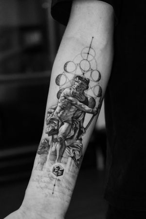 Experience the beauty of Greek mythology with this fine line, black and gray tattoo featuring Poseidon in micro realism style.