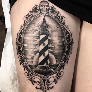 Jacob did this piece from one of his flash sheets #lighthouse #blackandgrey #traditional