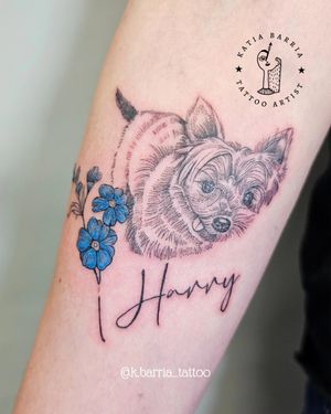 Pet tattoo in fine line and lettering