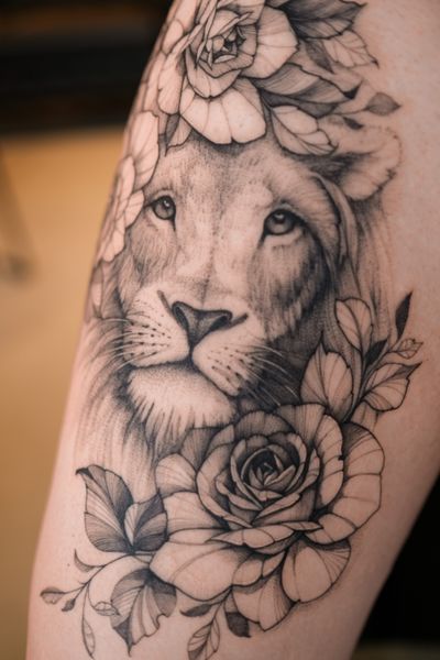 Beautiful fine line black and gray tattoo combining a majestic lion with delicate flowers, expertly created by Maria.