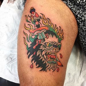 Big one shot thigh flaming gorilla made by Miles, thanks for looking. #flaminggorilla #gorilla #flames #rivingtontattoonyc