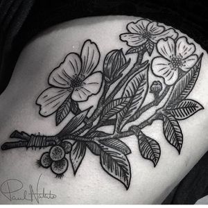 Tattoo by Paul Natale for Albany. Paul is now scheduling consultations for spring appointments, call the shop Tuesday through Saturday to get on the books. #flowers #blackwork