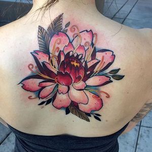 Finished flower today by Cooper! #colortattoo #backtattoo #dahliatattoo #albuquerque #dahlia #flowertattoo #flower #back #color