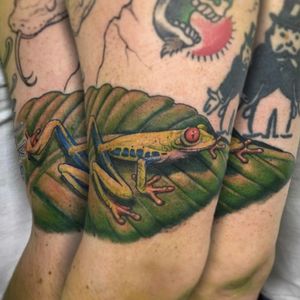 Tattoo done by David at The city Tattoo Studio #art #nesconset #newyork #colortattoo #color #frog🐸  #frogtattoo #green #thecitytattoo 