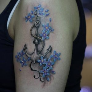 #realistic #blackandgrey #anchor with #color #flower tattoo