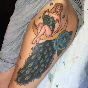 Tattoo by Julie Bolene! #thunderbirdtattoo #eastsidela #juliebolene #thunderbirdtattoola #echoparktattoo #love #silverlake #girl #moon #peacock