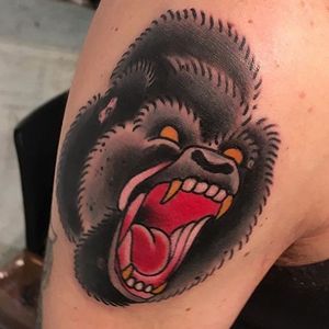 Gorilla done by Luka Lama. Contact us for bookings or walk in! #customtattoo #amsterdam #classicinkandmods #lamatattoo #traditionaltattoo #oldschooltattoo #gorilla #traditional
