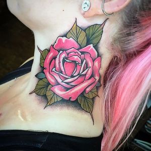 Tattoo done by Joe Pepper (IG: joe_pepper) #gracelandtattoo #rose #pink #pinkroses #necktattoo #girlswithtattoos #traditional #traditionalrose #joepepper