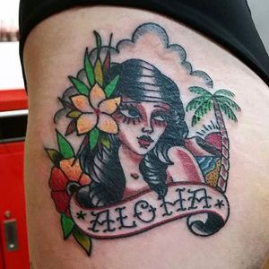 By Aymeric Gravet #traditional #traditionaltattoo #tattooflash #tradtattoo #traditionalworkers #kustomtattoo #colortattoo #oldschooltattoo #oldschooltattoos #oldschool #girl #aloha