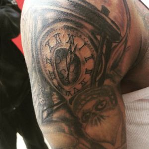 Hourglass/clock tattoo done at #inkjectiontattoos #hourglass #blackandgrey #clock #nyc