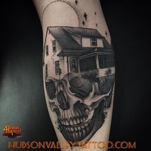 By Tyler (IG: tylerallenkolvenbach) / Hudson Valley Tattoo Company #hvtc #hudsonvalleytattoo #skull #house #blackwork #blckwrk #dotwork #dotshade 