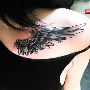 Done by Dashaon Williams (IG: prettiboiidae / tattz_by_dae) #BlackNGrey #Shaded #NYC #OneWing #Wing #CoverUp #coveruptattoo
