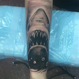 Jaws! By Jason Hamrick #jaws #shark #sharktattoo #blackandgrey