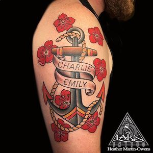 Traditional style anchor and flowers tattoo by Lark Tattoo artist Heather Martin-Owens #traditional #traditionaltattoo #anchor #anchortattoo #color 