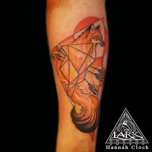 Tattoo by larktattoo artist Hannah Clock #watercolortattoos #watercolortattoo #watercolor #geometricwatercolor #fox 