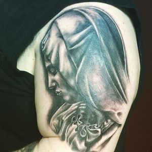Epic portrait of #Mary by Chris at @legacytattoony #blackngrey #shading #albany #schenectady #scotia #troy #religious