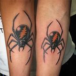 Father and son matching Dead spiders. Two of five tattoos done for the family. Done by KT (IG: ktvtattooer) #lonewolftattoo #spider #longislandtattoos #matchingtattoos #fatherandsonfun 