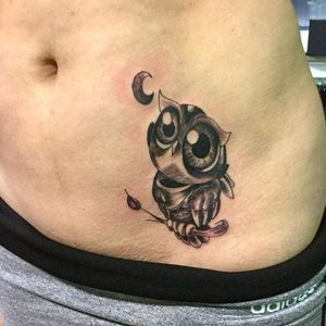 Owl tattoo #owl #cartoonish #moon #blackandgrey 