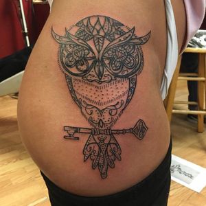 Owl tattoo #mcity #owl #blackwork #key #linework