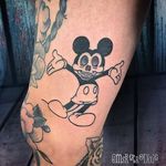 Skeleton head Mickey Mouse on Anthony by msretrodixie... we just keep adding fun pieces into his black and grey traditional leg sleeve. We have a couple more large spaces left to fill and then it's time to add all of the fun little stuff  Thanks Anthony! #msdixiestattoo #enjoytroy #mickeymouse