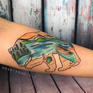 Yesterday's neo-traditional Lake George Bear & Beach scene on Aiden by msretrodixie. It's a little tough to notice the bear silhouette from this angle but you get the idea. Thank you, Aiden!! Always love having you in-house! #msdixiestattoo #enjoytroy #pma #troy #troyink #neotraditional #tattoo #ladytattooers #troyny #tattooshop #ladytattooers