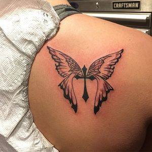 Butterfly tattoo by Samantha #1sttattoo #butterfly #faith #blackwork #wings #cross #tattoobliss