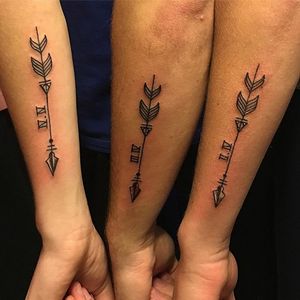 Triplets turn 18. Tattoos by Samantha #triplettattoo #arrow #brothers #blackwork #linework #firsttattoo #tattoobliss