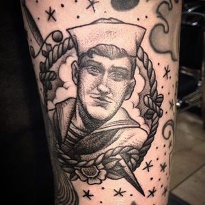Tattoo by Roger Seliner ! #echoparktattoo #thunderbirdtattoola #rogerseliner #thunderbirdtattoo #eastsidela #traditional #blackandgrey #sailor