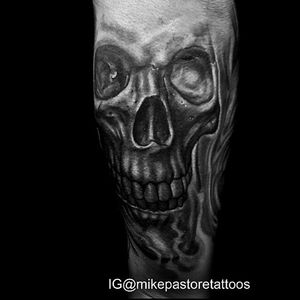 Skull on forearm by MIKE PASTORE #skull #blackandgrey #dark #art #masterpiecetattoonyc 