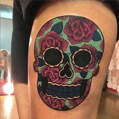 🌹Beautiful Sugar Skull🌹 made by Megan Massacre here at Grit N Glory! To book an appointment with Megan email tattoo@meganmassacre.com 🗡🗡🗡