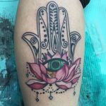 Hamsa and lotus by Liz Manzolini #statenisland #tattooedgirls #lotus #hamsa #hamsahand #milkandhoney 