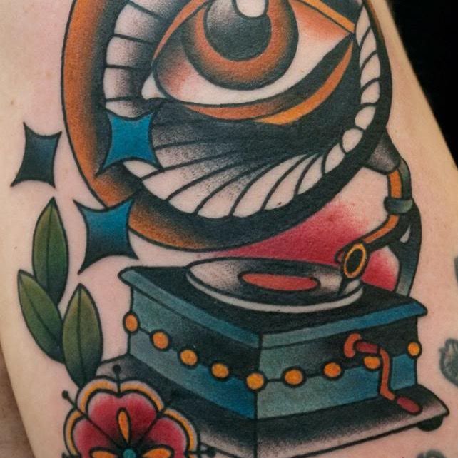 Traditional gramophone done by Palos at Transcendent Tattoo in St Louis  MO  rtattoos