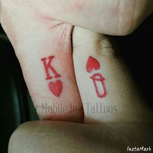King and Queen tattoo by Rob #king #queen #hearts #cards #couplestattoo #coupletattoo #matchingtattoos 