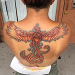 Phoenix tattoo by Anthony Hunter #murdaink3 #murdaink3_ant #murdaink #fire #backtattoo #pheonix #colorful #longislandtattoos #longislandink 