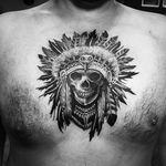 Native american / skull tattoo #nachotattoo #brooklyn #brooklyntattoos #nyc #bensonhurst #skull #blackandgrey #chestpiece